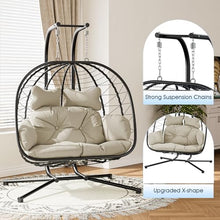 Bifanuo Double Hanging Egg Chair with Stand, Outdoor Indoor Swing Chair with Removable Cushion for 2 Person, Heavy Duty 700LBS Capacity for Patio, Bedroom, Garden (Classic Black-Beige)