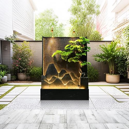 6.5ft Luxury Rockery Wall Fountain – Black & Gold Mountain Scene with LED Lights, Indoor/Outdoor 3-Panel Decor with Bonsai Tree(Black Right)