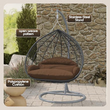 LeisureMod Hanging Egg Chair with Stand for Indoor Outdoor Wicker Patio Swing Chair Open Weave Basket Design with Cushion Metal Frame for Patio Garden Balcony (Grey Frame Brown Cushion)