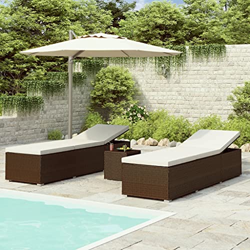 3 Piece Patio Sun Loungers with Tea Table,Outdoor Lounge Chaise, Lounger for Pool, Beach Sun Tanning Chair,Outdoor Bed,Deck Chair, Poly Rattan Brown (Brown 76.8" x 23.6" x 12.2" (L x W x H))