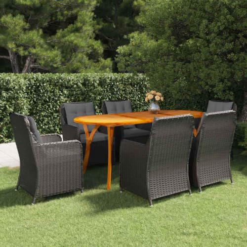 LPERTGFHU 7 Piece Patio Dining Set, Outdoor Acacia Wood Table and 6 PE Rattan Chairs with Comfortable Cushions for Garden, Backyard, and Patio Furniture