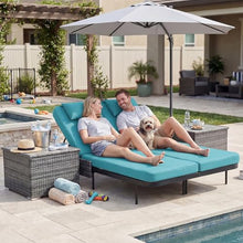 NICESOUL 3-Piece Double Chaise Lounge Set, 51.2" Wide 2-Person Daybed with 2 Wicker Side Tables, Independent Adjustable Backrests, 4" Thick Cushions, Heavy Duty Sunbed for Patio Pool Garden