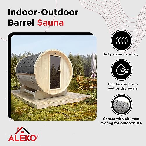ALEKO Barrel Sauna Wet Steam Dry Indoor Outdoor White Finland Pine 3-4 Person Sauna UL Certified 4.5 kW Harvia Sauna Heater SB4PINE
