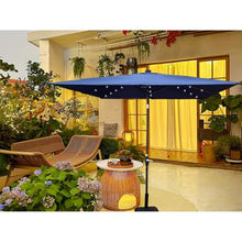 Square 2.5X2.5M Outdoor Patio Umbrella Solar Powered LED Lighted Sun Shade Market Waterproof 8 Ribswith Crank and Cross Base for Garden Deck Backyard Outside Swimming Pool