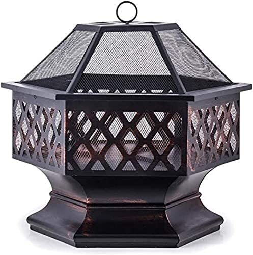 Garden Fire Pit Portable Grill Barbecue Rack Fire Pit Garden Stove Fireplace Iron Brazier Wood Burning Coal Pit Shaped with Spark Screen Cover and Fire Pit Tongs for Camping Backyard