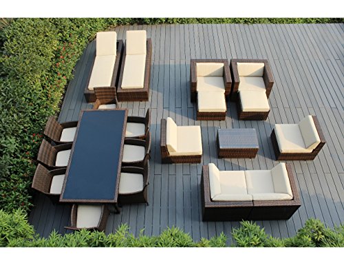 Ohana 20-Piece Outdoor Patio Furniture Sofa, Dining and Chaise Lounge Set, Mixed Brown Wicker with Beige Cushions - Free Patio Cover
