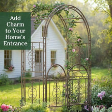Plow & Hearth Arch Metal Outdoor Garden Arbor Double Gate | Montebello | 7 Feet Tall | Gunmetal Black | Steel Iron Trellis Lattice Climbing Plants & Heavy Vines