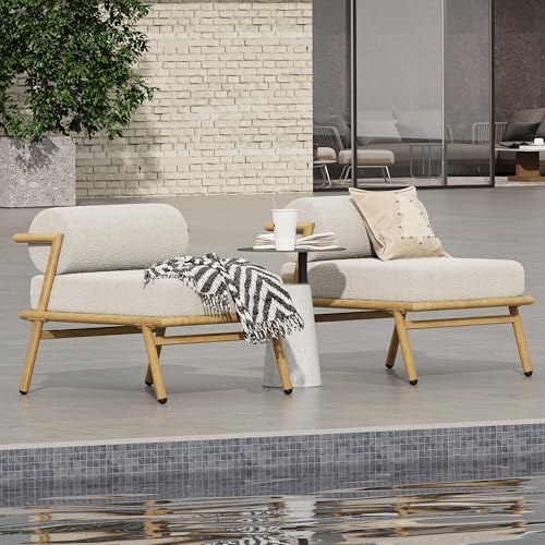 GDFStudio Outdoor Upholstered Lounge Chair, Patio Teak-Finished Iron Club Chair with Beige Cushion,Stylish Comfortable Accent Chair Lounge Seating for Patio,Garden,Porch,Balcony 26"