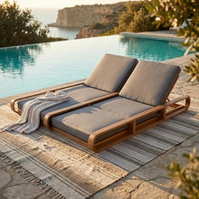 Merax Double Chaise Lounge Chair Outdoor with 4-Position Adjustable Backrest for Each Seat & 3-Fold Cushions, Acacia Wood Pool Sun Lounger for Patio Garden Beach, 800lbs Capacity, Dark Grey+Teak