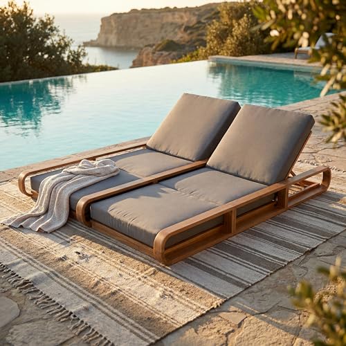 Merax Double Chaise Lounge Chair Outdoor with 4-Position Adjustable Backrest for Each Seat & 3-Fold Cushions, Acacia Wood Pool Sun Lounger for Patio Garden Beach, 800lbs Capacity, Dark Grey+Teak