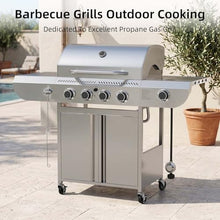 COWSAR 4-Burner Gas Grill, 42000 BTU BBQ Grill, Stainless Steel Barbecue Grill with Side Burner, Enameled Cast Iron Grill, Pull-Out Oil Tray, Suitable For Outdoor, Backyard Barbecues