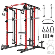 STMHOM Power Cage with Smithbar, 2000 Lbs Power Rack, Cable Crossover System, Black/Smithbar Red