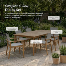 POVL Outdoor Menlo 7-Piece Teak Patio Dining Set for 6 — 95" Rectangular Grade A Teak Table, 2 Armchairs & 4 Side Chairs — Modern Patio Furniture for Deck, Backyard & Poolside