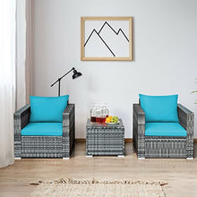 3 PC Patio Rattan Furniture Bistro Set Cushioned Sofa Chair Turquoise Single Sofa Coffee Table