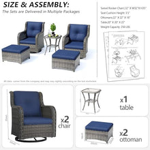 MeetLeisure 5 Piece Outdoor Patio Furniture Set Wicker Conversation Bistro Set Swivel Rocking Chairs with Side Table and Ottomans for Backyard, Porch, Deck(Mixed Grey/Blue)