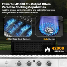 Electactic 4-Burner Gas Grill with Side Burner, Stainless Steel Propane Grill with Built-In Thermometer, 42000BTU BBQ Grill for Outdoor Cooking, Patio and Backyard Barbecues