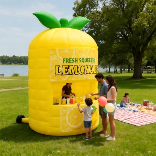 Inflatable Lemonade Stand with Blower - Yellow Oxford Cloth Inflatable Lemon Booth, 10ft L×10ft W×15ft H, Lemon Stand for Parties, Shopping Malls, Store Decor & Commercial Events
