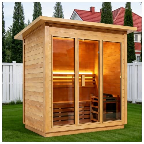amocane Outdoor Steam Sauna for 3 Person, Canadian Hemlock Sauna Room with 6KW ETL Toule Heater, Traditional Backyard Sauna Spa with Asphalt Shingles, Luxury Sauna Accessories for Home & Garden