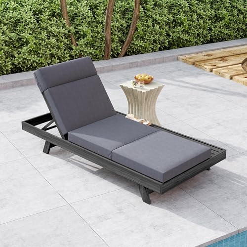 AODSHA Acacia Wood Chaise Lounge with 4'' Four Folds Cushion, Outdoor 79'' Patio Recliner Chair, 4-Position Adjustable Backrest Sun Lounger for Backyard Patio Lawn Garden,Black,Dark Gray