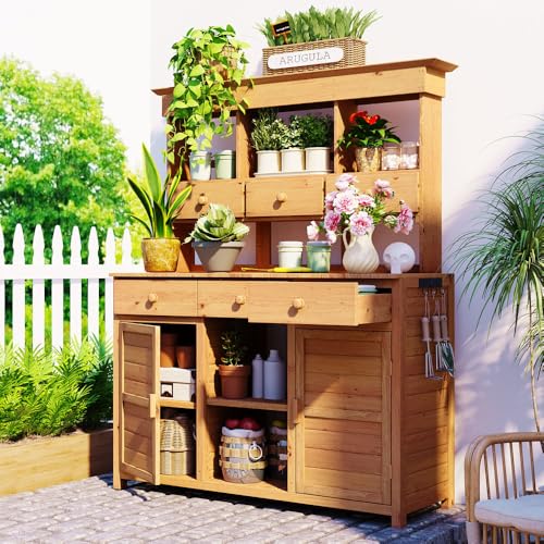 Tall Garden Potting Bench with Hutch and Storage for Outdoor Use – 65.7 Inch Height Workstation with 3 Shelves, 6 Drawers, 2 Cabinets
