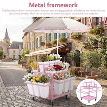 Flower Display Stand with 18 Buckets Rolling Flower Display Rack with Wheels & Umbrella for Patio Garden Shop Wedding Party