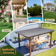 Roomfitters 13x10 FT Wooden Garden Gazebo, Spacious Outdoor Patio Shade Structure with Metal Roof for Backyard and Lawn, Brown
