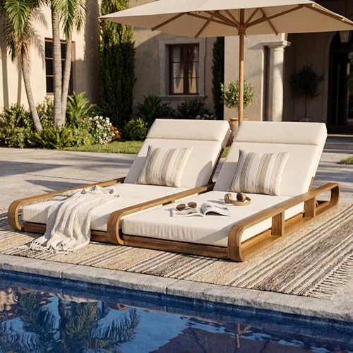 Merax Double Chaise Lounge Chair Outdoor, 4-Position Adjustable Backrest & Headrest for Each Seat, Modern 79" Large Acacia Wood Pool Lounge with 4-Fold Cushions for Patio Garden Beach, Beige+Teak