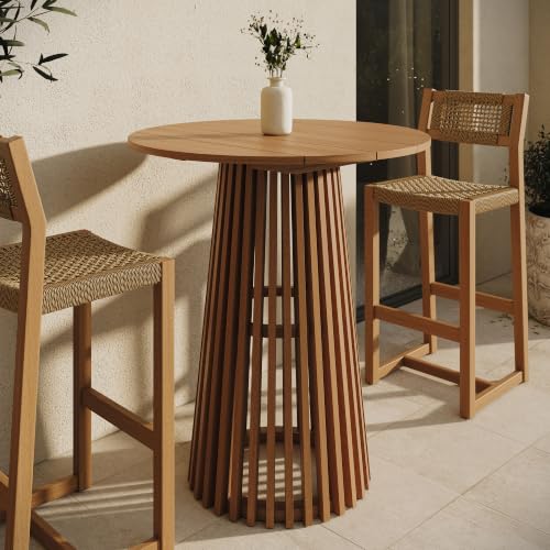 Modway Lane 35 Inch Teak Wood Outdoor Bar Table for 2-3 in Natural – Slatted Round Patio Bistro Table with Pedestal Base for Patio, Balcony, Deck, Backyard, Terrace Or Sunroom