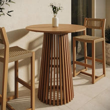Modway Lane 35 Inch Teak Wood Outdoor Bar Table for 2-3 in Natural – Slatted Round Patio Bistro Table with Pedestal Base for Patio, Balcony, Deck, Backyard, Terrace Or Sunroom