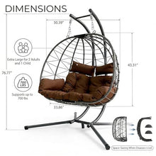 Double Hanging Egg Chair with Stand, 2-Person Large Patio Hammock Swing Chair with Thick Brown Cushions and Headrest Pillows, All-Weather PE Rattan Loveseat for Indoor Outdoor Balcony and Garden