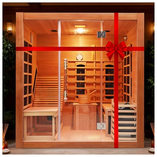 amocane Infrared & Steam Dual-System Sauna Room, 2-3 Person Canadian Red Cedar Wood Sauna with Recliner, Indoor Traditional Home Saunas Spa with 9 Heaters & 6KW Sauna Stove, Oxygen Bar