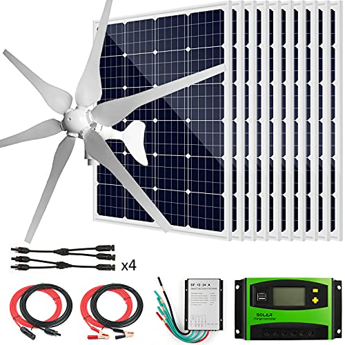 AUECOOR 1600 Watts 24V Solar Wind Turbine Generator Kit: 1pc 400 Watt Wind Turbine + 10pcs 120W Mono Solar Panel +Solar Charge Controller & Wind Controller +Accessories