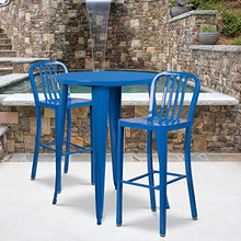 BizChair Commercial Grade 30" Round Blue Metal Bar Table Set-2 Vertical Slat Back Stools