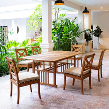 Cambridge Casual Haley 7 Piece Teak Outdoor Dining Set with Extendable Dining Table, Includes 6 Armless Dining Chairs with Seatpad and Extendable Dining Table with Umbrella Hole