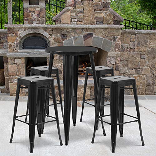 BizChair Commercial 24" Round Black Metal Bar Table Set-4 Square Seat Backless Stools