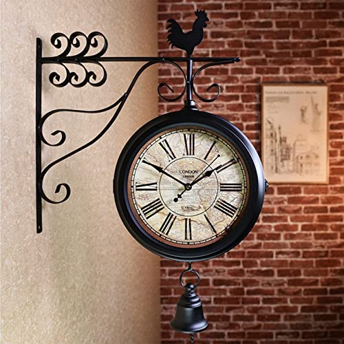 saditesdk Wall Clock, Double Sided Wall Clock Old Station Clock, Wrought Iron Design Retro with Bracket Station Clock Double-Sided Suitable Indoor and Outdoor Home Garden Kitchen Vintage Watch，E