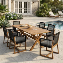Christopher Knight Home Rame 7 Piece Acacia Wood Outdoor Dining Table Set for 6, Extendable Dining Table and 6 Chairs with Cushion & Rope Accent, Wooden Outdoor Patio Furniture Set, Teak + Black