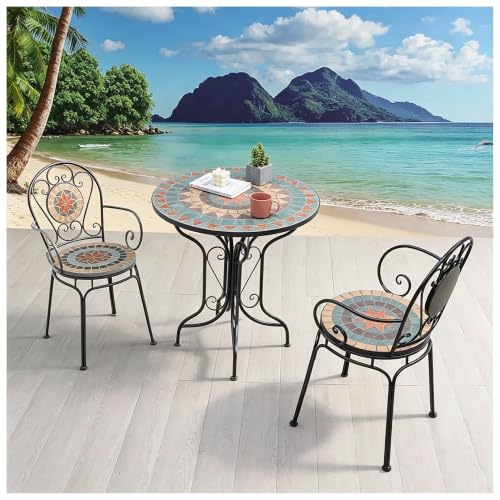 exproyzk Mosaic Patio Table Set, Round Outdoor Table with 2 Folding Chairs