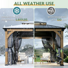 10x12 ft Wood Gazebo with Curtains & Mosquito Netting, Hardtop Gazebo with Galvanized Steel Double Roof, Heavy Duty Pavilion for Patio Lawn and Garden