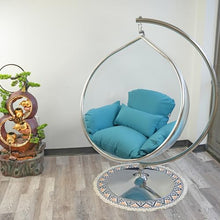 SK CHUMRA Hanging Chair - Transparent Acrylic Bubble, Waterdrop Shape, Indoor Swing Chair with Gold/Chrome Stand, Durable Fabric Cushion - Luxury Accent for Living Room, Bedroom (Chrome/Blue)
