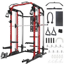 GarveeLife Power Cage Smith Machine Multi-Functional Rack with Lat Pulldown Red