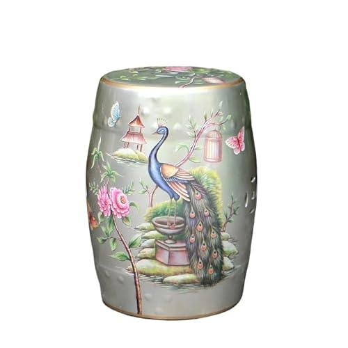 LINKIO Garden Stool Decorative Garden Stools Hollow Out Peacock Ceramic Drum Stool Ceramic Pier Copper Money Hole Modern Home Ottomans(A)