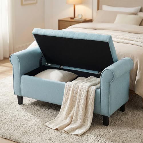 Renunbry 38" Light Blue Fabric Storage Bench with Rolled Arms, Button Tufted Design, Black Wooden Legs, for Living Room, Bedroom & Entryway（Light Blue）