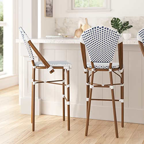 Merrick Lane Celia Bistro Bar Stools - Handwoven Indoor/Outdoor PE Seats and Backs - Bamboo Finish Metal Frame - Set of Two - White/Navy