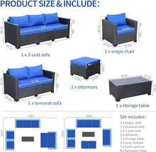 HTERWQEA 7 Piece Patio Furniture Set Outdoor All Weather Wicker Sectional Sofa, Conversation Couch with Ottoman and Storage Table for Porch Poolside Royal Blue