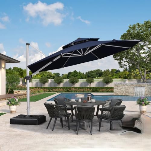 OROTLECT 12 Feet Outdoor Double Top Round Deluxe Lighted Cantilever Umbrella With Base,Navy