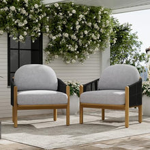 Christopher Knight Home Grotta Acacia Wood Patio Accent Chair Set of 2, Wooden Lounge Chair Outdoor, Outdoor Barrel Chair with Rope Weave+Removable Cushion, Curved Backrest Lounge Sofa, Gray+Teak