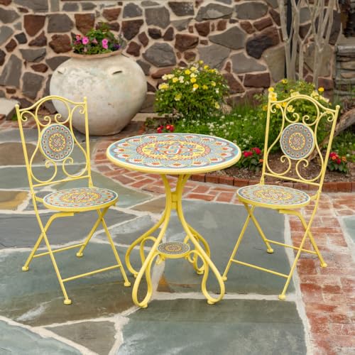 Zaer Ltd. Colorful Mosaic Bistro Set with Dual Layer Tile, Mosaic Furniture Collection (Soft Yellow with Blue Design Palermo, 3 Piece Bistro Set (1 Table, 2 Chairs))