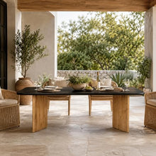 Modern Indoor/Outdoor Matte Black 86.6" Rectangular Poly-Fiber Dining Table with Acacia Wood Legs