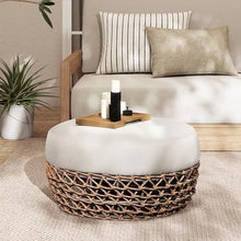 Willow 25" Round Upholstered Woven Patio Ottoman, Golden Brown Wicker Frame, Wheat Beige